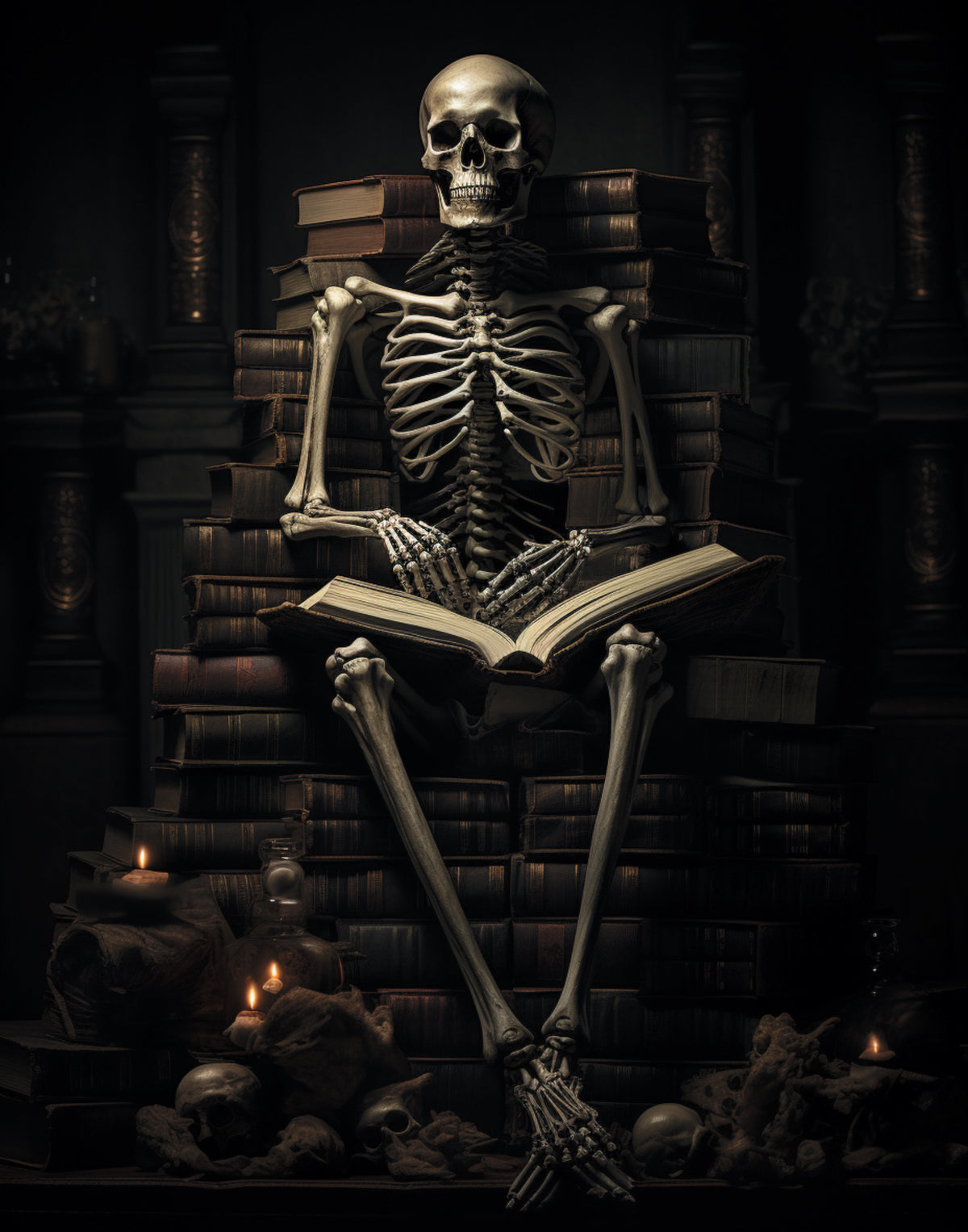 Reading Skeleton Oil Painting