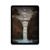 A tablet device centered on a black background, displaying a scenic landscape cover with a bridge over a narrow waterfall between dark rocky cliffs. White vertical text reads 'PURGATORY' and 'MIKE SCHUHLER' appears at the bottom.