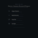 A dark promotional graphic with the heading 'WHAT YOU GET' and 'Horror Amazon Research Report' above a list of included items: category placement, backend keywords, comp titles, and ad targets, in small light text on a black background.